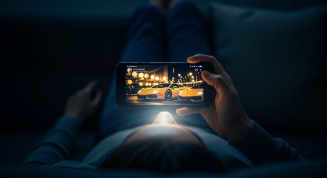 Persona sdraiata sul divano che osserva uno smartphone con immagini di supercar di lusso illuminato nell'oscurità