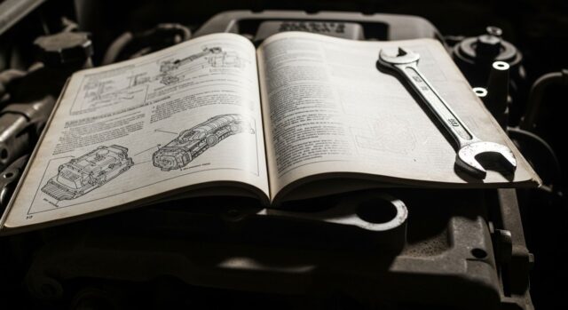 Manuale d'uso e manutenzione aperto e appoggiato su un motore polveroso all'interno di un'officina.