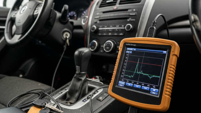 Strumento di diagnostica polveroso collegato alla presa OBD di una vettura ibrida in una comune officina indipendente.