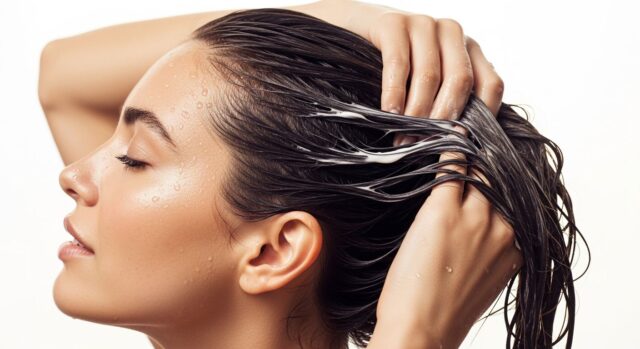 Donna applica una maschera per capelli sui capelli bagnati