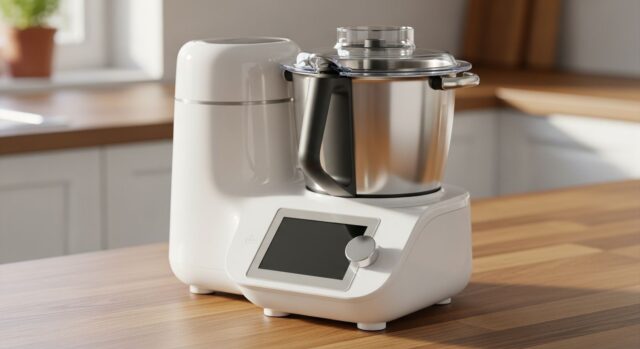 Robot da cucina compatto bianco con boccale in acciaio e coperchio trasparente su piano di legno in cucina moderna
