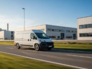 La rivoluzione della mobilità commerciale leggera nelle province produttive Furgone commerciale bianco a noleggio in movimento su strada in un distretto industriale in Brianza per la logistica aziendale.