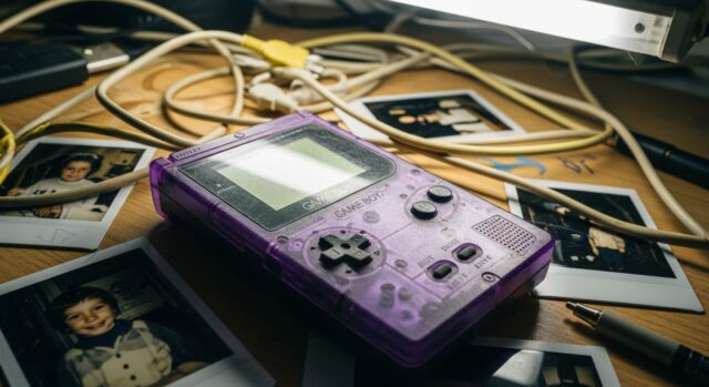 Vecchio Game Boy viola trasparente impolverato su una scrivania disordinata tra cavi e fotografie vintage.