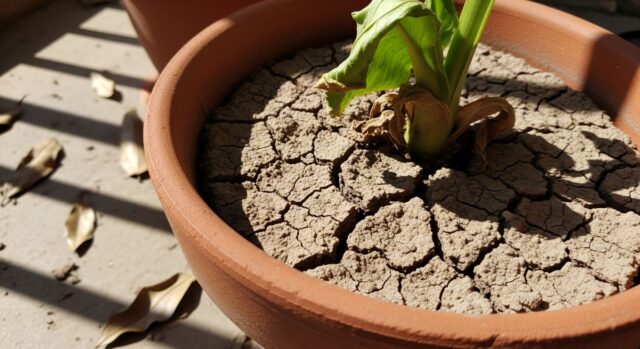 Pianta appassita in vaso di terracotta con terra secca su un balcone assolato