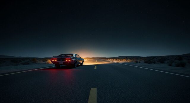 Auto americana anni '70 su strada deserta di notte, atmosfera noir della serie Poker Face su Sky