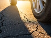 Pressione gomme in estate: l’errore che sgonfia le gomme calde e provoca il cedimento Pneumatico su asfalto crepato dal calore estivo con luce radente al tramonto