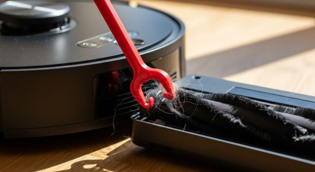 Robot aspirapolvere capovolto su pavimento in legno mentre un attrezzo di plastica rossa rimuove i capelli incastrati dalla spazzola principale.