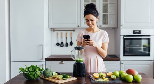 Robot da cucina multifunzione in uso donna in cucina con frullatore e verdure fresche sul piano di lavoro