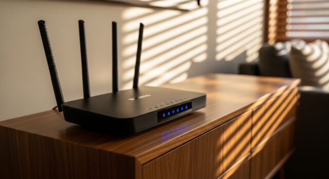 Router Wi-Fi estate — come migliorare la velocità Router Wi-Fi domestico su mobile in legno con luce estiva che filtra dalle veneziane