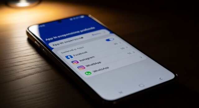 Come bloccare le app Meta in background su Samsung Galaxy per risparmiare batteria Samsung Galaxy con schermata App in sospensione profonda e le app Meta Facebook Instagram WhatsApp in lista