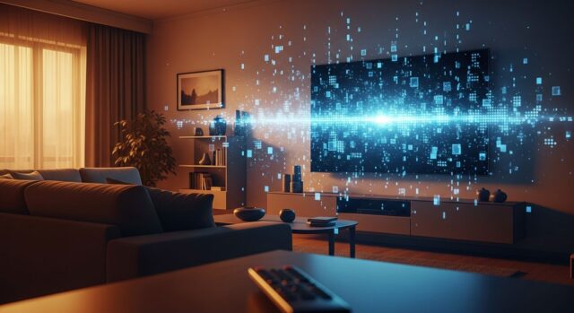 Smart TV che emette flussi di dati digitali nel salotto, simbolo del tracciamento ACR
