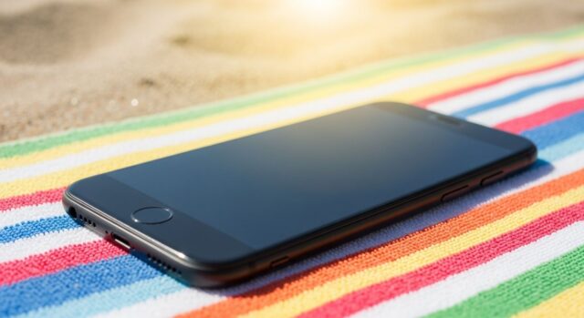 Smartphone sul telo da spiaggia esposto al sole diretto estivo