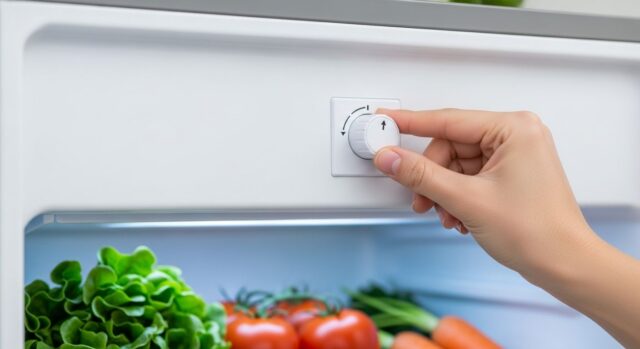 Mano che regola la manopola del termostato interno di un frigorifero aperto con verdure fresche sui ripiani
