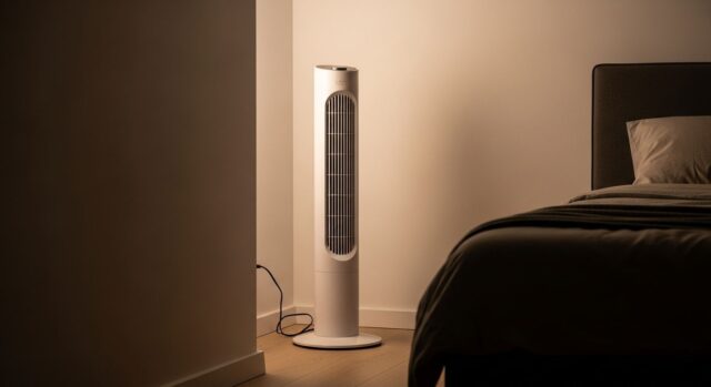 Ventilatore a torre in angolo di camera da letto con luce notturna calda e letto sullo sfondo