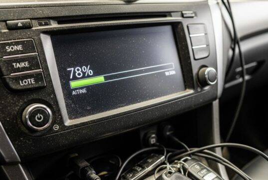 L’aggiornamento notturno che blocca l’auto prima delle vacanze: come evitarlo Schermo del cruscotto impolverato che mostra l'avanzamento di un aggiornamento software con cavi e chiavi sul tunnel centrale