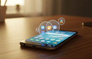 Android 17: la funzione che trasforma il tuo smartphone in un computer (e quasi nessuno la conosce) Smartphone Android con bolle di app fluttuanti sullo schermo su scrivania in legno