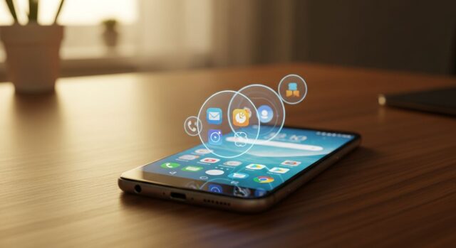 Android 17: le App Bubbles in azione su smartphone Smartphone Android con bolle di app fluttuanti sullo schermo su scrivania in legno