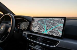Il nuovo Android Auto cambia lo schermo della tua auto: la guida per chi non è esperto Schermo infotainment con mappa 3D Android Auto aggiornamento 2026 su cruscotto auto moderna