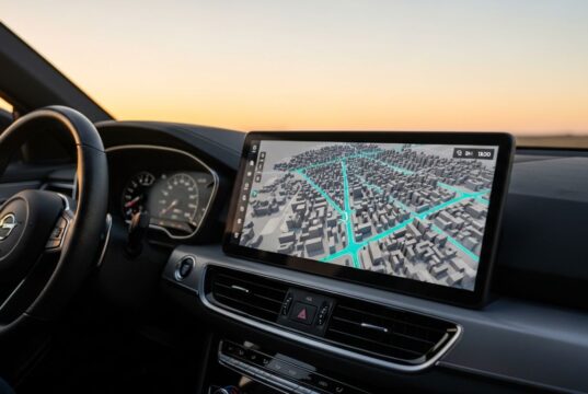 Il nuovo Android Auto cambia lo schermo della tua auto: la guida per chi non è esperto Schermo infotainment con mappa 3D Android Auto aggiornamento 2026 su cruscotto auto moderna