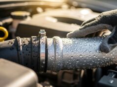 Il clima delle auto moderne raffredda meno: cosa è cambiato e come capirlo prima di andare in officina Mano con guanto controlla la condensa sul tubo di bassa pressione dell'aria condizionata auto nel vano motore