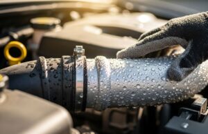 Il clima delle auto moderne raffredda meno: cosa è cambiato e come capirlo prima di andare in officina Mano con guanto controlla la condensa sul tubo di bassa pressione dell'aria condizionata auto nel vano motore