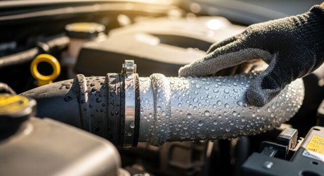 Aria condizionata auto che non raffredda Mano con guanto controlla la condensa sul tubo di bassa pressione dell'aria condizionata auto nel vano motore