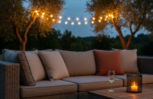Il salotto sotto le stelle: idee per arredare la zona relax serale in giardino Divano da giardino con cuscini in lino e terracotta, calice di vino e candela su tavolino in legno, luci festoon tra gli ulivi al tramonto