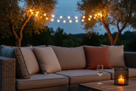 Il salotto sotto le stelle: idee per arredare la zona relax serale in giardino Divano da giardino con cuscini in lino e terracotta, calice di vino e candela su tavolino in legno, luci festoon tra gli ulivi al tramonto