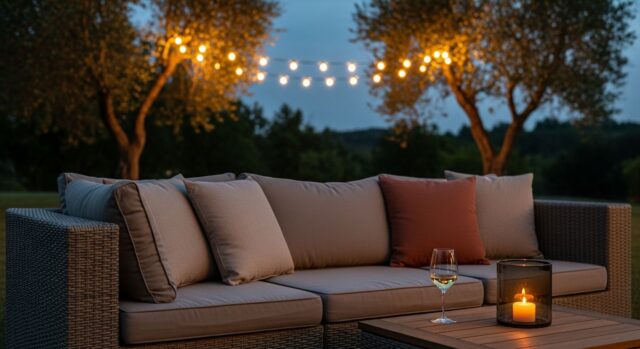Divano da giardino con cuscini in lino e terracotta, calice di vino e candela su tavolino in legno, luci festoon tra gli ulivi al tramonto