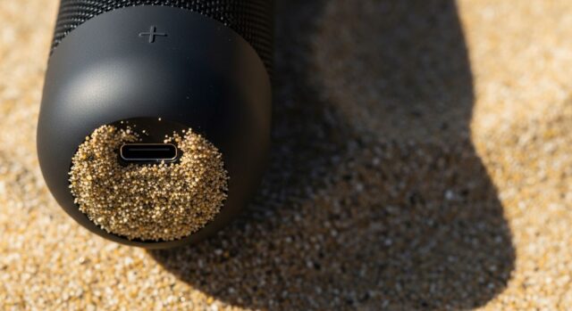 Dettaglio macro di una cassa bluetooth nera con la porta usb-c ostruita da granelli di sabbia sotto il sole estivo.