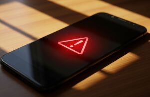 Android ti avvisa se chi chiama non è il vero contatto: come funziona e quando scatta davvero Smartphone su tavolo in legno con icona rossa di avviso accesa sullo schermo scuro durante una chiamata