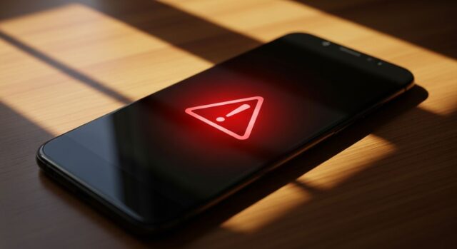 Smartphone su tavolo in legno con icona rossa di avviso accesa sullo schermo scuro durante una chiamata