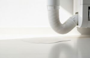 Il condizionatore perde acqua: non chiamare il tecnico prima di controllare questo Tubo di scarico della condensa di un condizionatore split con pozzanghera d'acqua sul pavimento