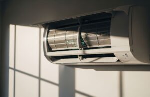 Condizionatore che sa di muffa appena acceso: la colpa è di come lo spegni la sera Unità interna di un condizionatore a parete con dettagli sulle alette metalliche interne illuminate dalla luce mattutina.