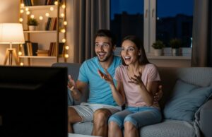 Mondiali 2026 in TV: il pass da 9,99 euro che ti fa vedere tutte le partite sul televisore di casa Coppia entusiasta guarda la partita in televisione sul divano di casa, estate 2026