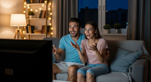 Coppia entusiasta guarda la partita in televisione sul divano di casa, estate 2026