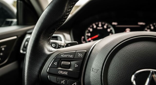 Cruise control adattivo: il tasto sul volante che in salita consuma più benzina Pulsante Adaptive Cruise sul volante di un'auto moderna con quadro strumenti sfocato sullo sfondo