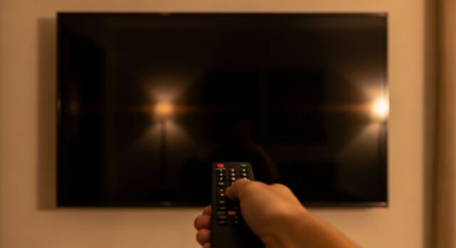 Schermo smart TV nero durante DAZN: il problema dello standby ai Mondiali 2026 Telecomando puntato verso uno schermo di smart TV completamente nero e spento in un salotto, durante la visione di una partita dei Mondiali 2026 su DAZN