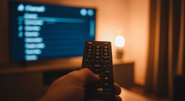 Telecomando moderno puntato verso uno schermo TV con lista canali del digitale terrestre