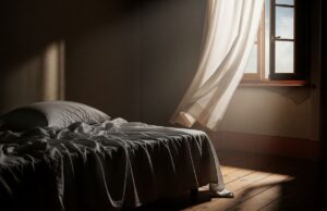 Come dormire con il caldo: l’errore che fai ogni sera e che ti tiene sveglio per ore Camera da letto con letto disfatto e finestra aperta con tenda mossa dall'aria calda estiva
