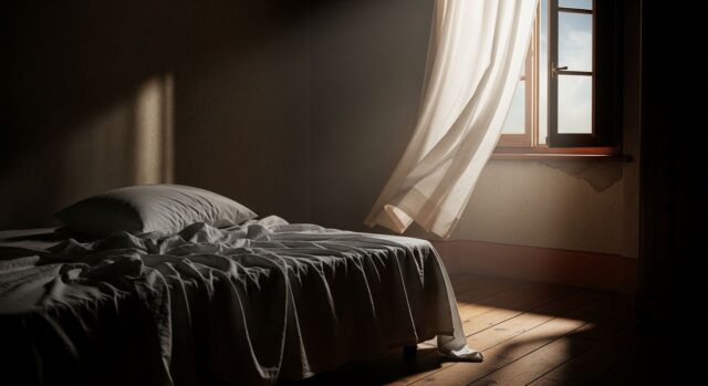 Come dormire con il caldo: l'errore della finestra aperta al momento sbagliato Camera da letto con letto disfatto e finestra aperta con tenda mossa dall'aria calda estiva
