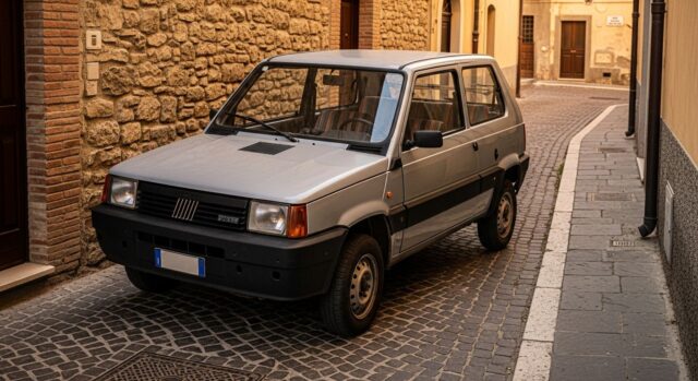 Fiat Panda prima serie anni 80 parcheggiata in un vicolo del centro storico italiano con luce calda al tramonto