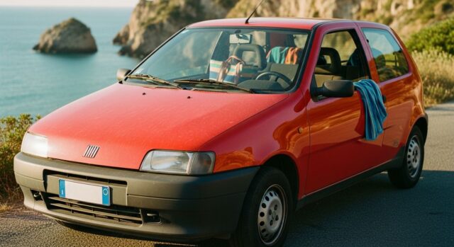 Fiat Punto prima serie rossa parcheggiata su strada costiera italiana con mare sullo sfondo