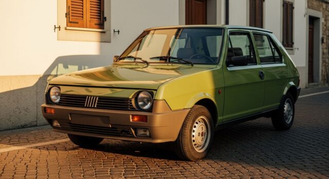 Fiat Ritmo prima serie anni '70 parcheggiata su strada italiana con luce calda al tramonto