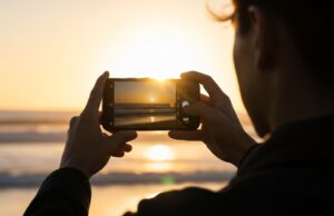 Foto in controluce con il sole: perché conviene usare il flash anche di giorno Persona fotografa il tramonto in controluce con lo smartphone in spiaggia