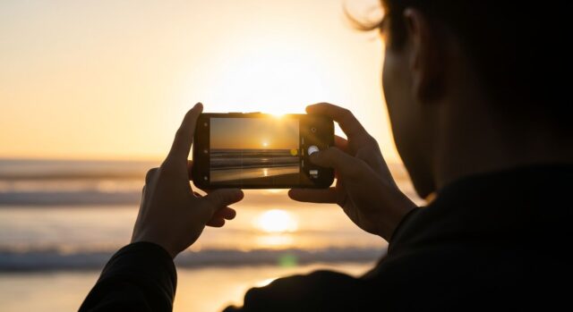 Persona fotografa il tramonto in controluce con lo smartphone in spiaggia