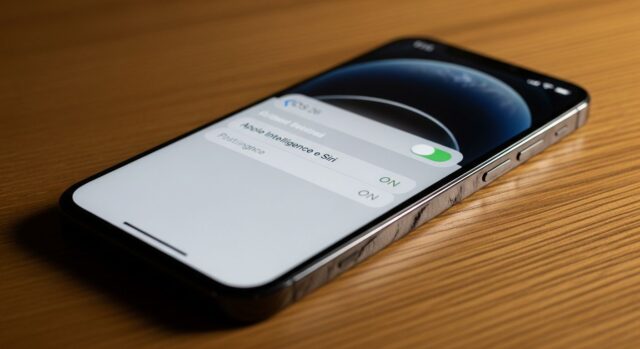 iPhone moderno su scrivania in legno con schermata Impostazioni che mostra la voce Apple Intelligence e Siri con toggle verde attivo