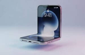 Il primo iPhone pieghevole della storia arriva a settembre: conviene aspettarlo? Concept render di iPhone pieghevole 2026 a conchiglia semi-aperto con schermata iOS e orario 9:41 su sfondo sfumato blu-viola