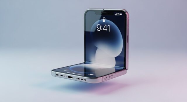 Concept render di iPhone pieghevole 2026 a conchiglia semi-aperto con schermata iOS e orario 9:41 su sfondo sfumato blu-viola
