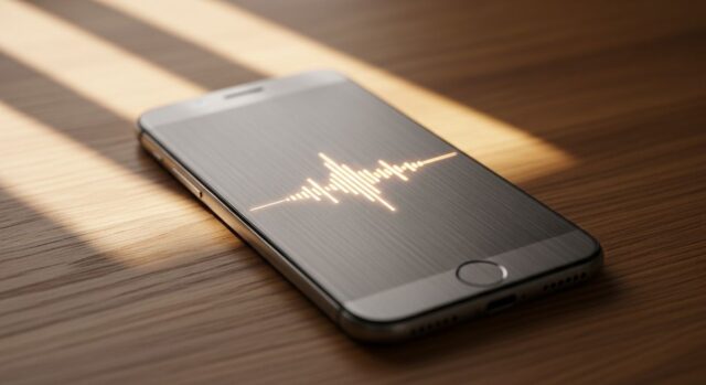 Smartphone con onda audio sullo schermo che rappresenta l'assistente vocale Siri AI di iOS 27